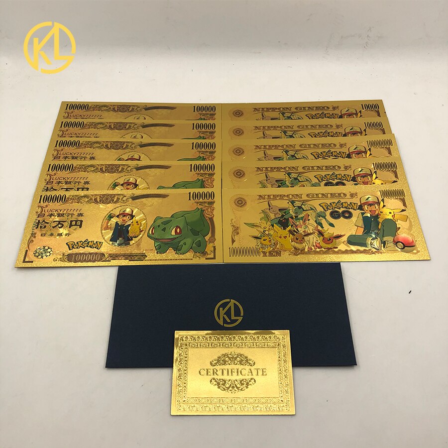 10 st/lot 10 typer japansk anime söta djur guldsedlar för samling souvenirsedlar: Ljusgul