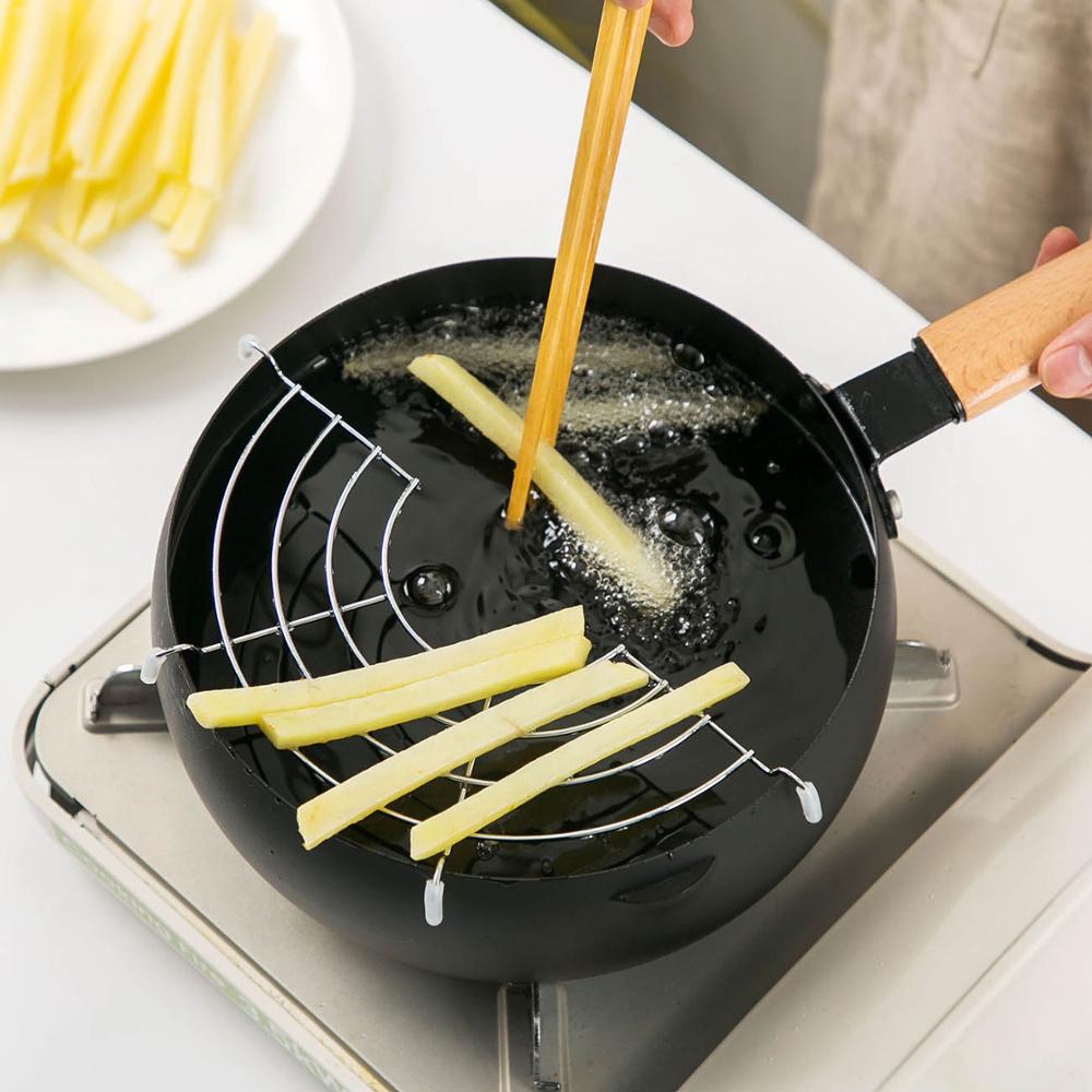 Keuken Pot Tempura Frituren Pot Japanse Stijl Friteuse Frituren Potten Met Mand Houten Handvat Huishoudelijke Kookgerei Keuken