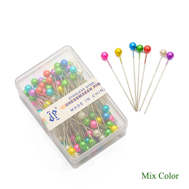 100Pcs/Box Colorful Round Pearl Head Needles Stitch Straight Push Sewing Pins For Dressmaking DIY Sewing Tools Positioning 38cm: Mix color