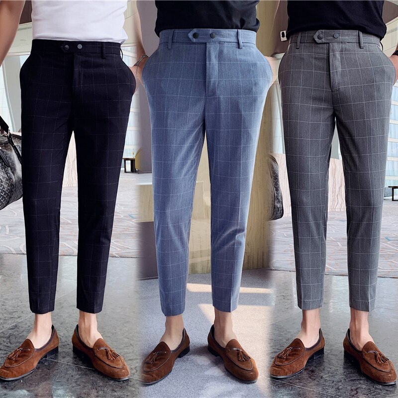 Pantalon Costume Spring Summer Plaid Casual Dress Ankle Pants Men's Social Trousers British Style Ankle-length Mens Dress Pants