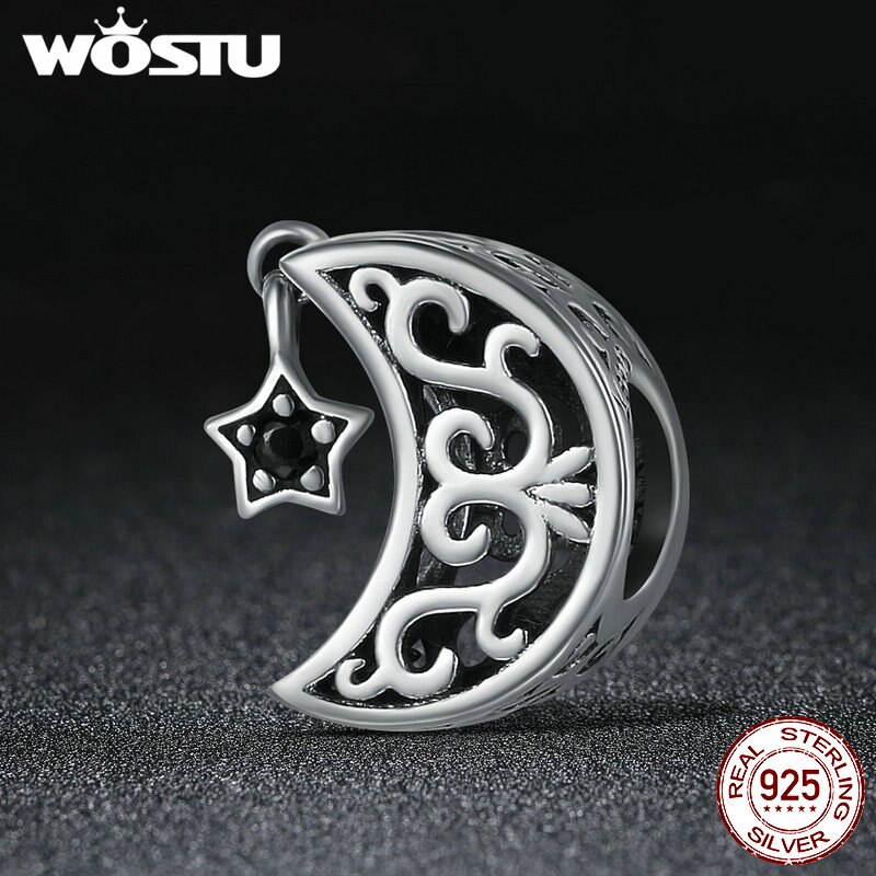 WOSTU Luxury 925 Sterling Silver Openwork Moon and Star Goodnight Charm Beads fit Bracelet DIY Jewelry Valentine Day CQC483