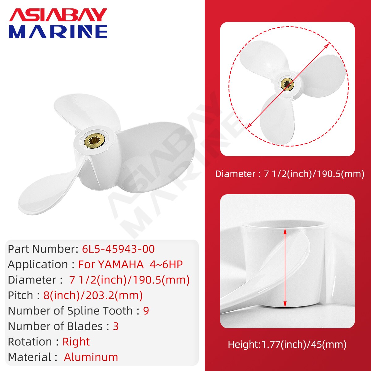 Voor Yamaha 4hp 5hp 6hp Buitenboordmotor Propeller 7 1/2X8 Boot Motor Aluminium Schroef 3 Blade 9 Spline Scheepsmotor Deel