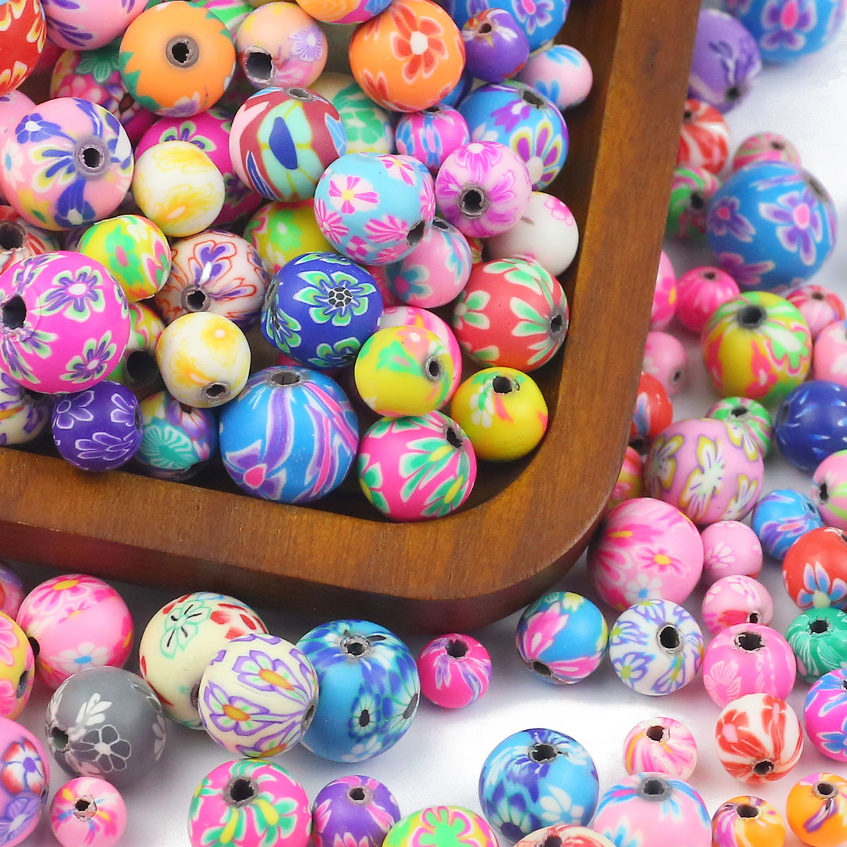 50 Uds. De cuentas redondas sueltas con patrón de flores de arcilla suave colorida de 6/8/10/12mm para fabricación de joyería, pulseras, collares, suministros para manualidades