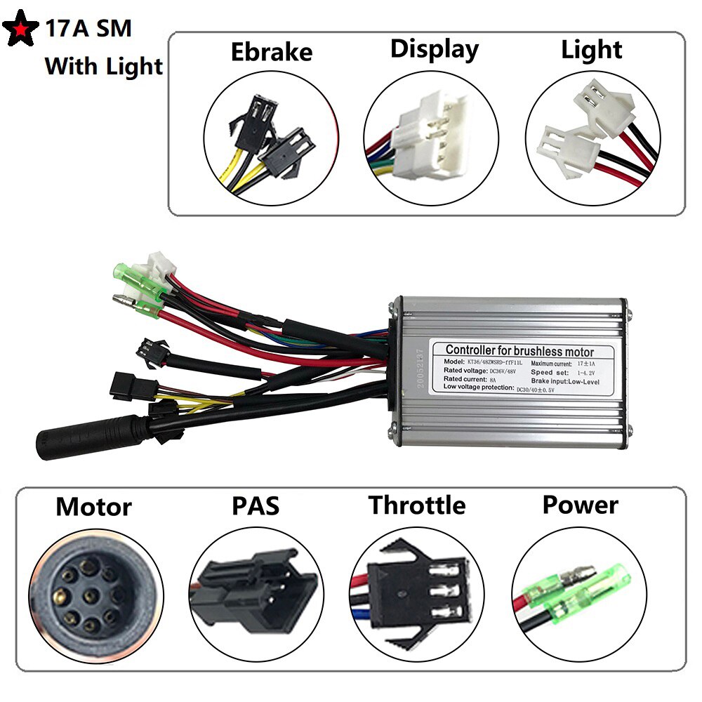 RICETOO-mando para bicicleta eléctrica, controlador de 36V/48V, Squarewave 15A/17A/22A para Ebike, Motor de 250W/350W/500W con enchufe de luz: 17A SM