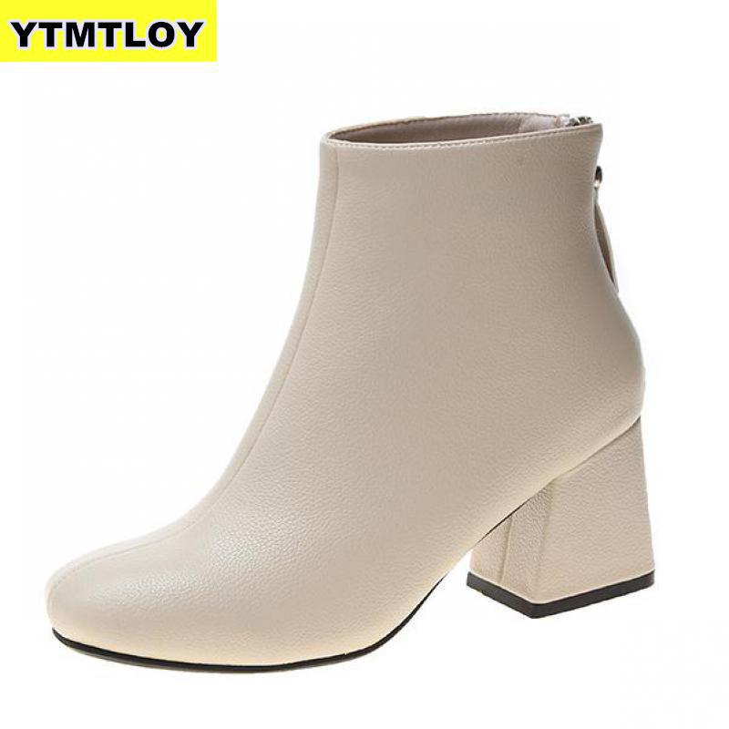 neue Leder Stiefeletten Frauen Dicke hoch Fersen Reißverschluss Spitz Herbst Winter Frau Schuhe Platz Ferse Weiß schwarz: Beige / 36