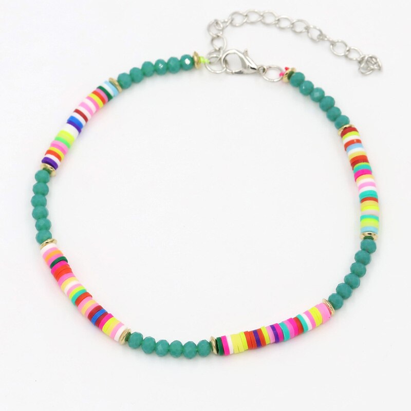 Bracelets de cheville pour femmes, bijoux bohèmes, réglables, colorés, en argile polymère, perles de cristal, chaîne de cheville pour la plage, pieds nus: D1803d