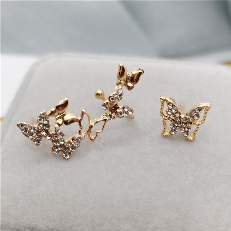 1 Paar Volledige Boor Asymmetrische Vlinder Oorbellen Hollow Golden Ferry Vlinder Crystal Ear Bone Clip Voor Vrouwen Sieraden