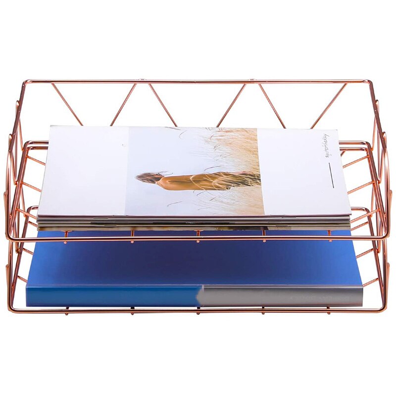 2 Packs Stackable Horizontal Metal File Letter Trays Organizer for Desk Home Office, Rose Gold