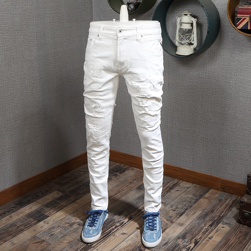 Streetwear herre jeans hvid farve slim fit elastisk rippet jeans mænd casual denim bukser hip hop jeans homme