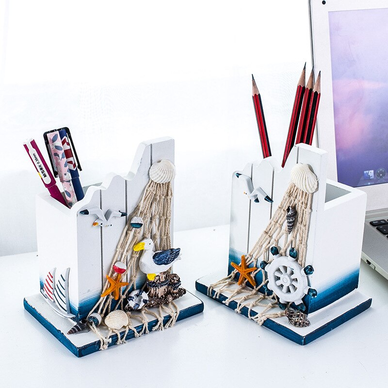 Mediterranean Wooden Storage Box Sea Bird Sailing Pencil Barrel Multifunction Home Office Desktop Decoration Organizer