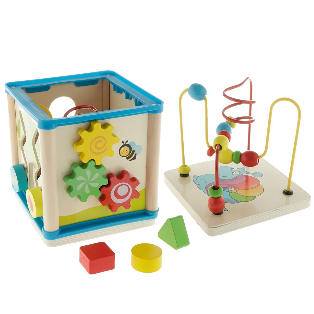Wooden 5-Sided Activity Center with Bead Maze, Shape Sorter, Counting Beads & Gears Clock for 1 Year + Baby Toddler Boys Girls