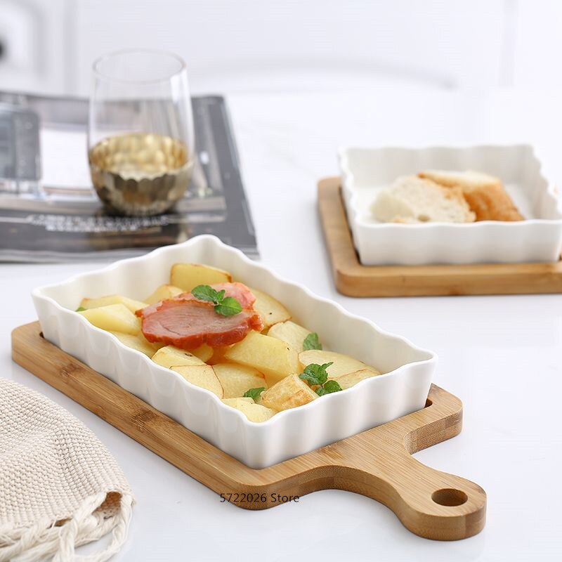 white ceramic baking tray household rectangular tray fruit tray kitchen cheese baked rice bowl natural bamboo wood tray