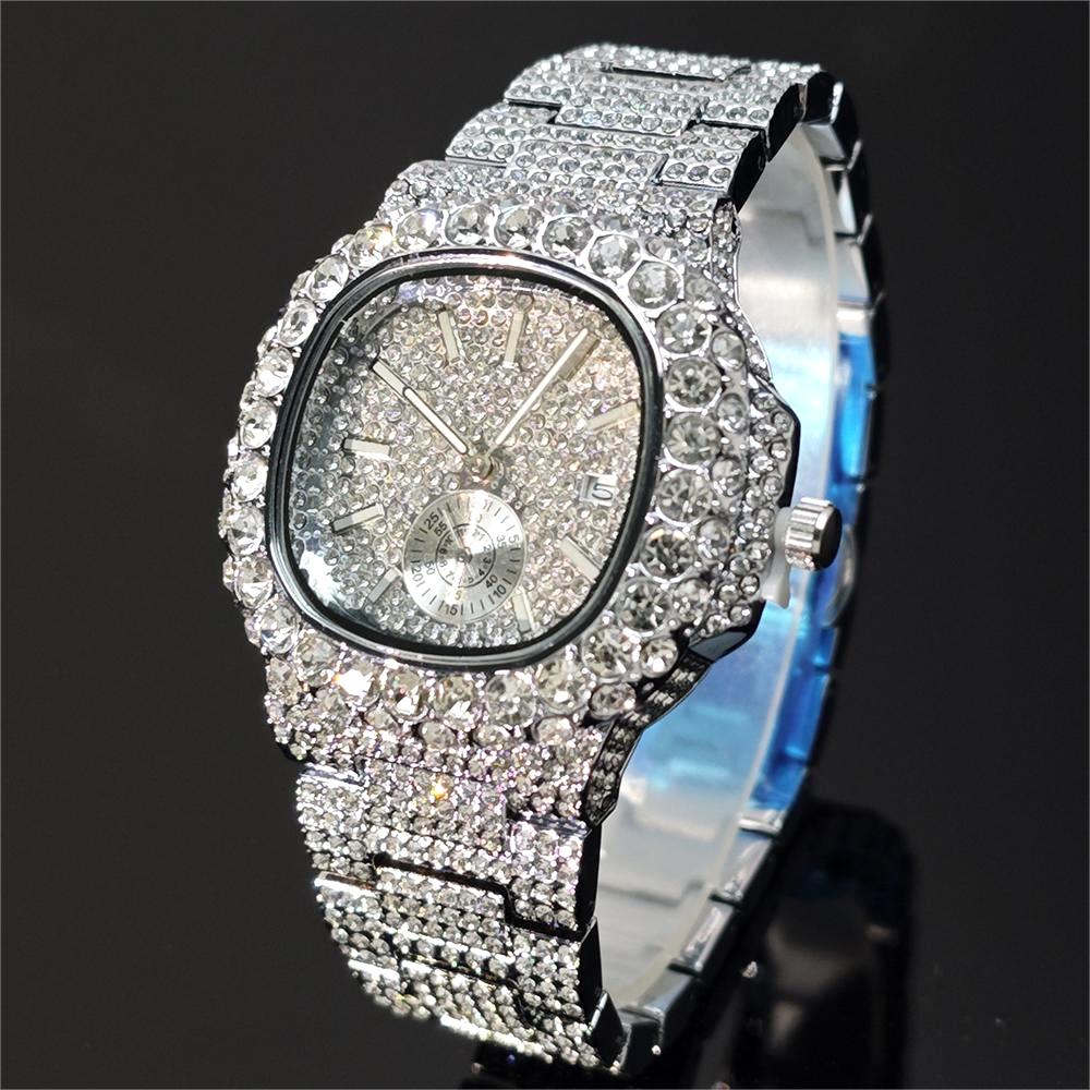 Lyxig iced klocka herrklocka i rostfritt stål guld armbandsur hiphop diamant bling smyckesklocka för män reloj hombre: Kaffe