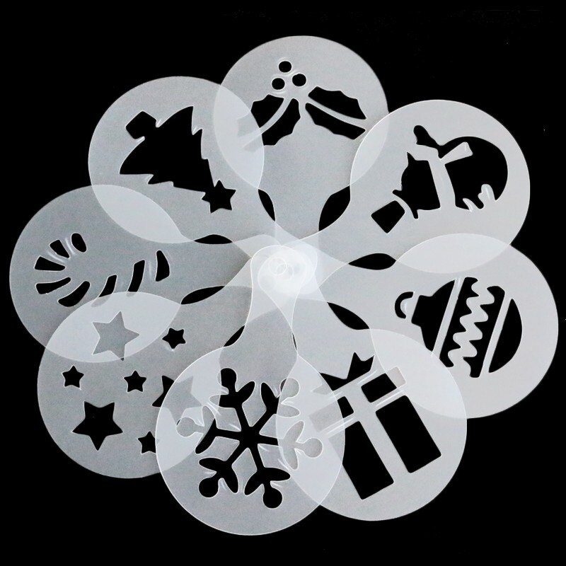 8pcs/Set Christmas Tree Snowflake Gingerbread Man Cupcake Stencil Tool Cookie Coffee Milk Cappuccino Template Mold