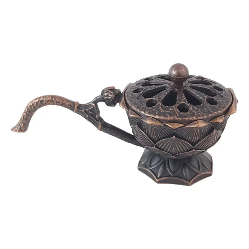 Quemador de incienso de flor de loto con mango, quemador de incienso hueco de loto de latón y cobre Retro, artesanía de Metal pequeña para decoración del hogar: Borgoña