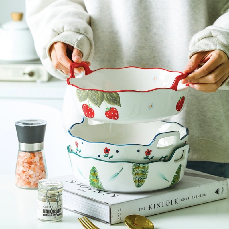 Ceramiczna salaterka z uchwytem śniadanie zboże talerz na owoce stałe deser zupa restauracja makaron miska kuchenka mikrofalowa specjalne