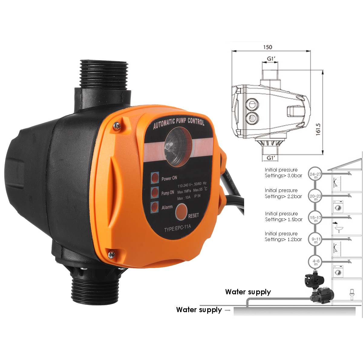 110V-240V Automatic Water Pump Booster Pump Electronic Pump Control Pressure Controller Switch for Water 110-240V Dial Display