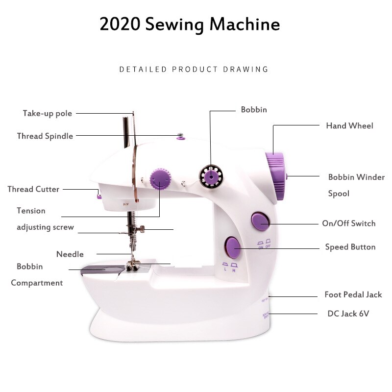 Mini Portable Sewing Machine 2-Speed Double Thread Electric Household Multifunction Sewing Machin with Light Cutter Foot Pedal