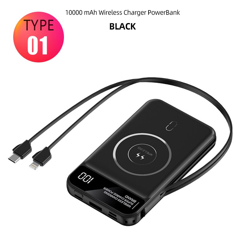 10000mAh Magnetic Qi Wireless Charger Power Bank for iPhone Xiaomi Samsung Poverbank Portable External Battery Charger Powerbank: Type1 Black