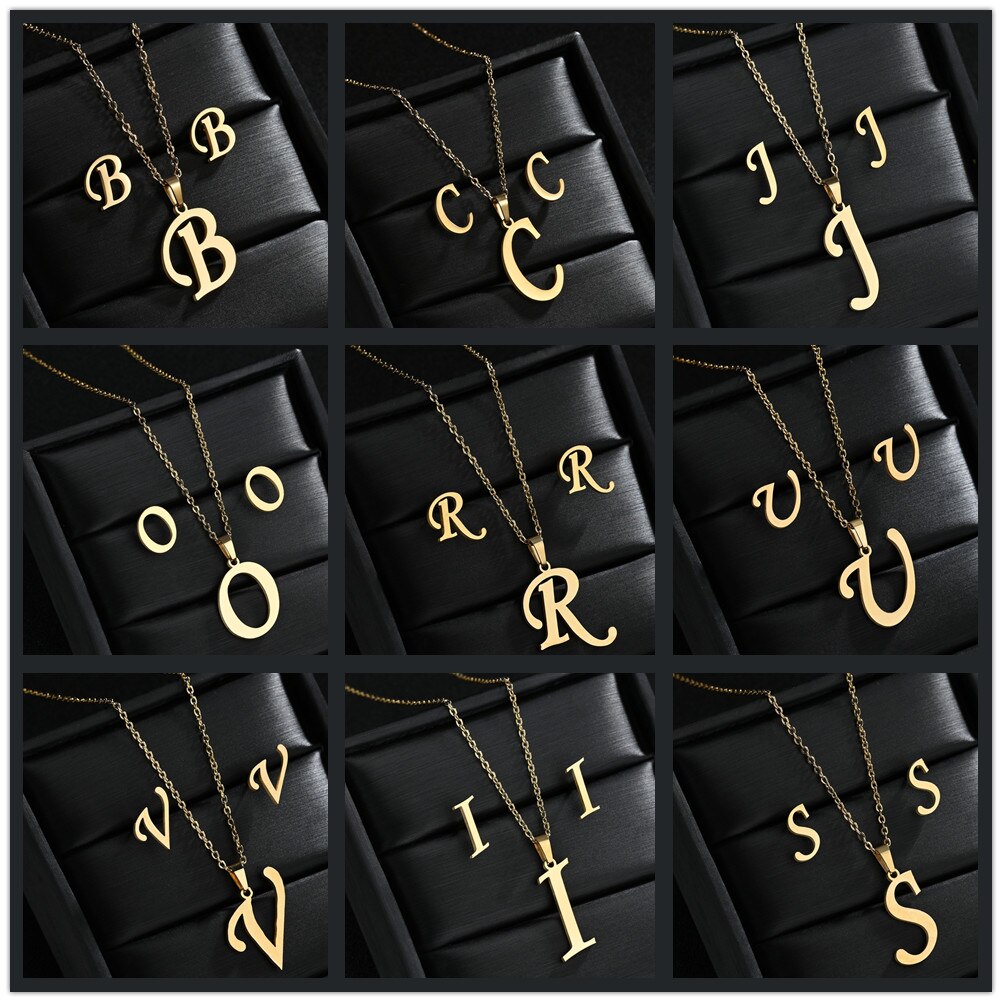 A-Z Edelstahl Ersten Halskette Und Ohrringe Schmuck Sets Alphabet Anhänger Kette Brief Zubehör