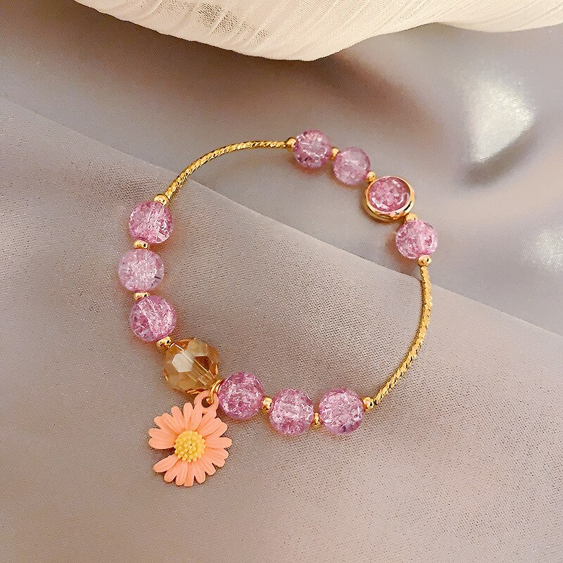 Mignon Bracelet à breloques en or avec perles de cristal fleur breloque bijoux de pour les femmes: Estampage à chaud