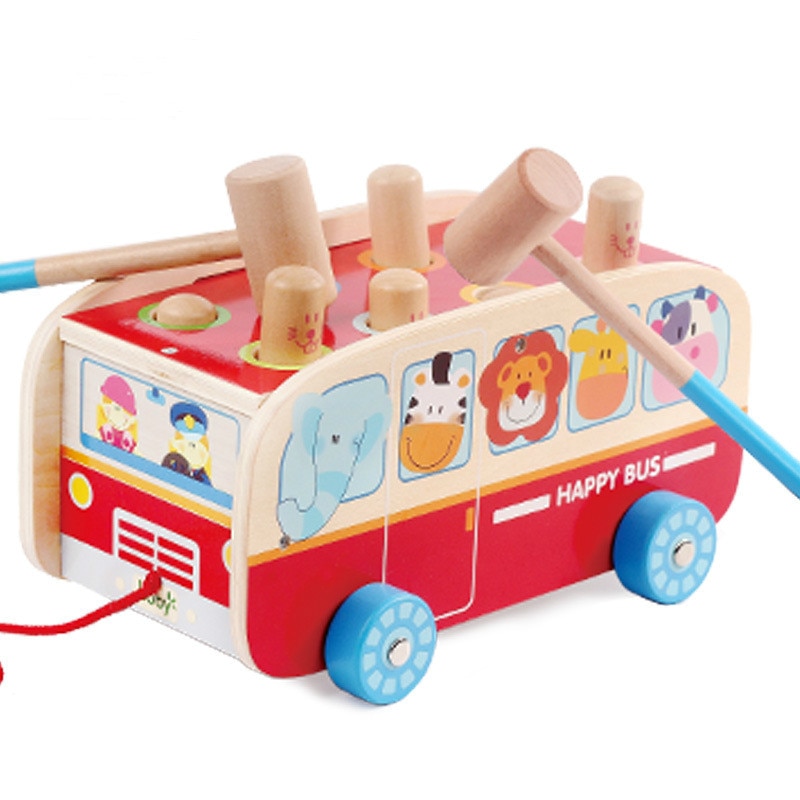 Wooden Baby Beat Toys With Hammer Early Learning Educational Toys Instrument Sound Maker Dragging Toy