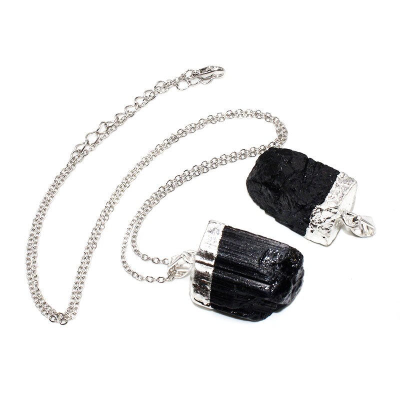 Collier en pierre de Tourmaline noire naturelle, pendentif cylindrique d'énergie plaqué argent, pour femmes, bijoux à la