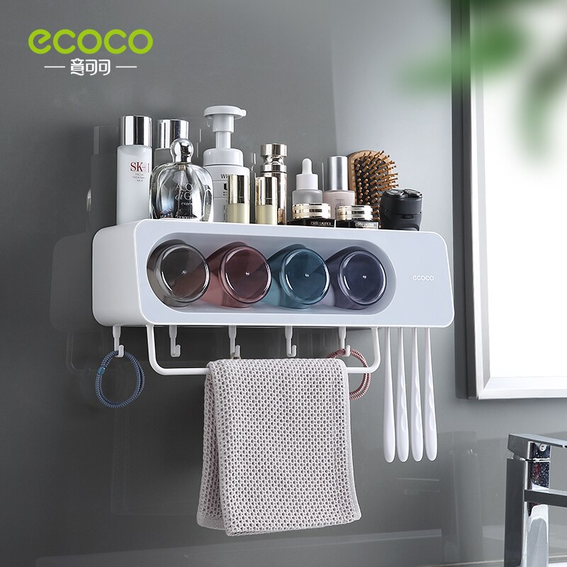 ECOCO Multifunctional Toothbrush Holder Towel Bar Free Punching Automatic Toothpaste Dispenser Squeezer Bathroom oom Accessories: 4 Cup Gray