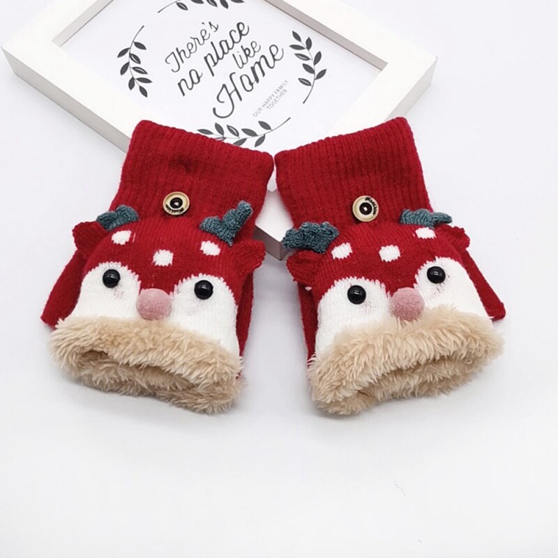 freundlicher Handschuhe freundlicher Baby Winter Strick Verdicken Nette Karikatur Hirsch Vielseitig Baumwolle halb-Finger Handschuhe Fäustlinge Warme 4-8Y Neue: R