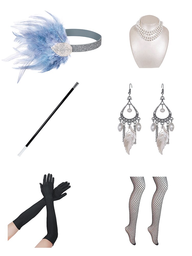 Kit Accessoires Costume Années 1920 / Gatsby - Bandeau Plume, Collier, Gants, éventail, Pour Soirée Thème Rétro