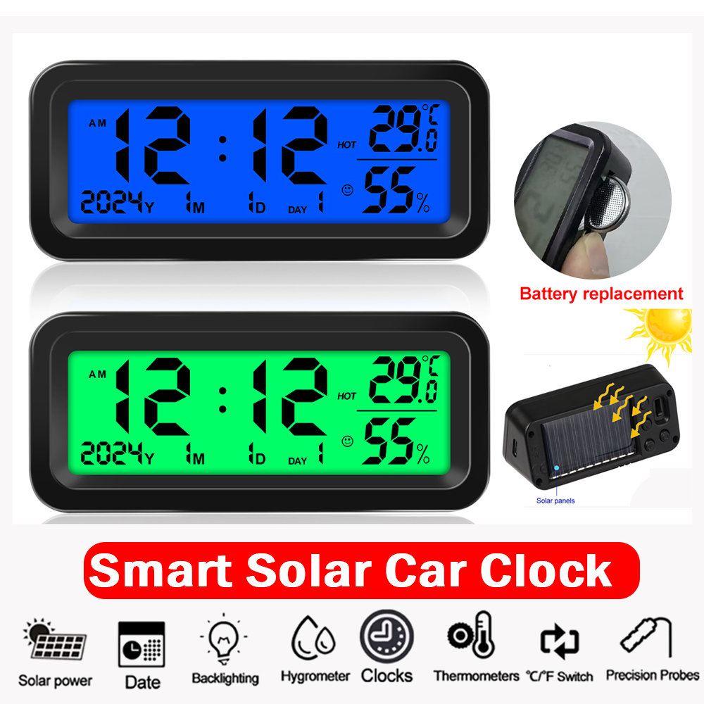 Digitale zonne-auto klok Datum Week Temperatuur Vochtigheid LCD-achtergrondverlichting Display voor dashboard Autoklok Auto's Intern Stick-On: Bruin