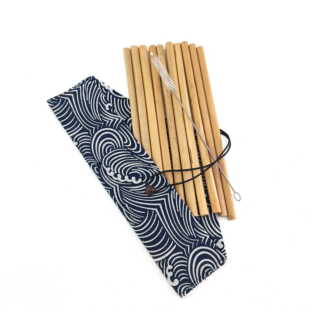Bamboo Drinking Straw Cutlery with Pouch Biodegradable Alternative to Plastic Stainless Straws Reusable Eco-friendy Clean Brush: Sea Wave