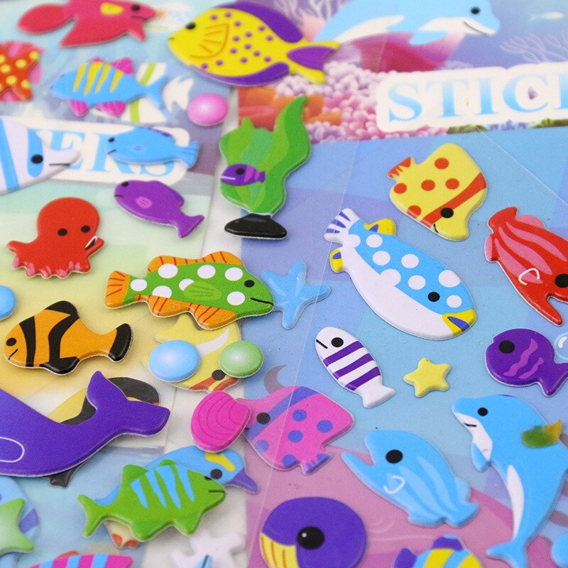 4 vellen/set stickers met zeedieren, cartoonvissen, schattige stickers met 3d bubbels, plakboek voor jongens- en meisjeskamerdecoratie