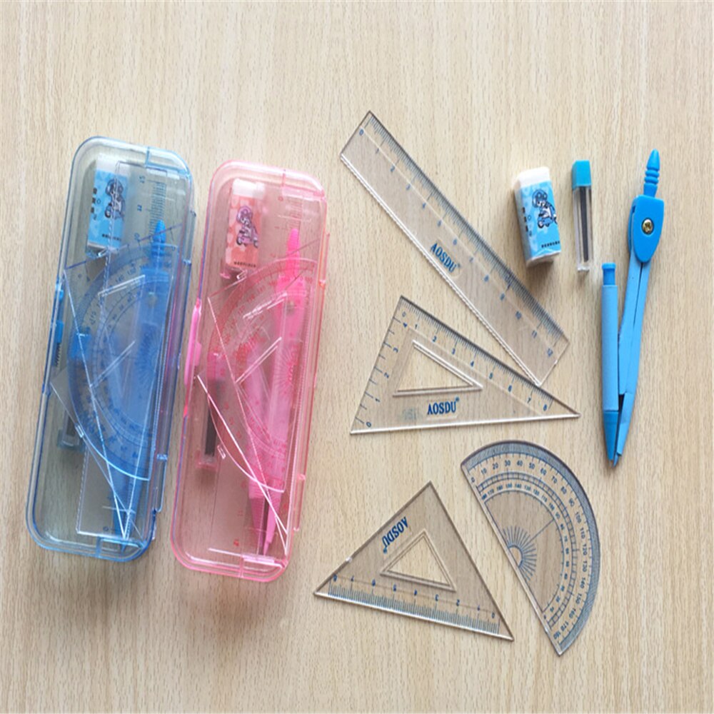 Student Multi-Function Study Supplies Small Fresh Metal Compasses Ruler Set 7-Piece Math Test Geometry Drawing Measurement Tool