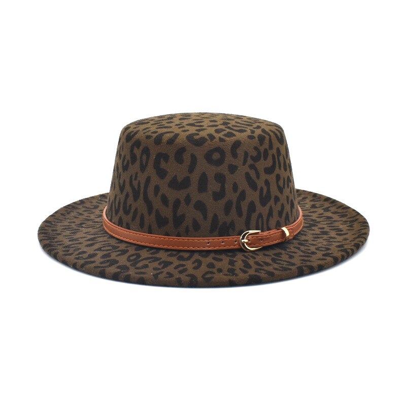 Klassisk leopardfilt fedora mænds og kvinders kunstige uld blandet jazz hat bred rand enkel kirke derby flad top hat re: Grøn