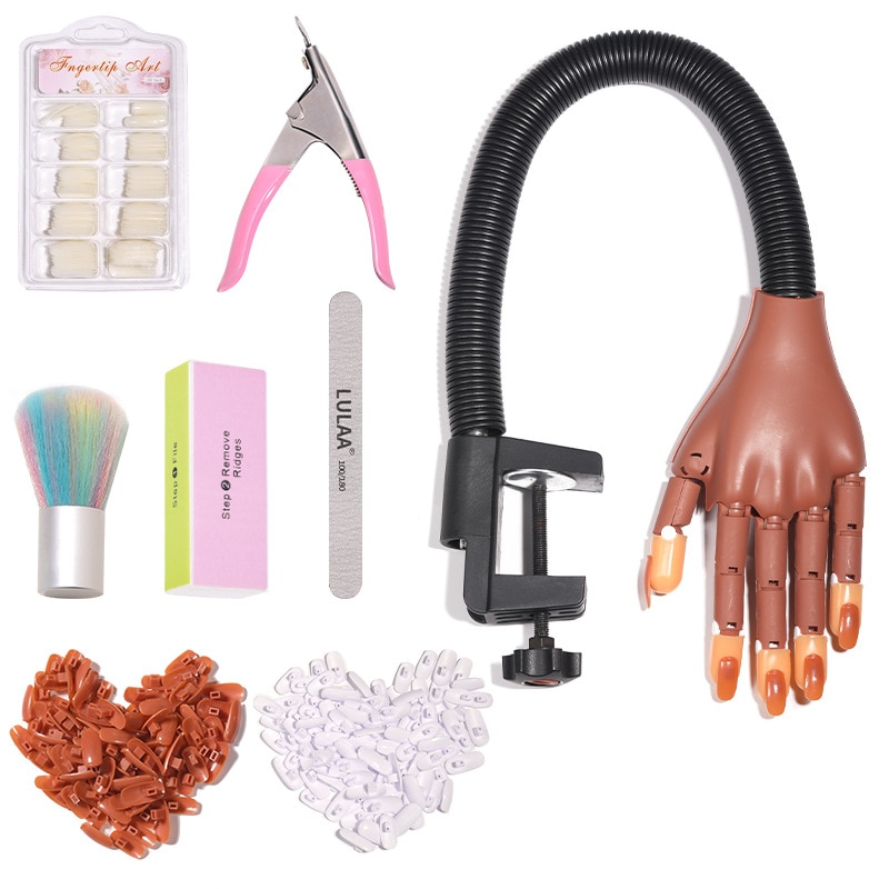 Main artificielle pour entraînement de manucure, outil ongulaire, support flexible et réglable, mannequin pour formation nail-art, fourniture mobile, avec 100 pièces de faux-ongles: set 3