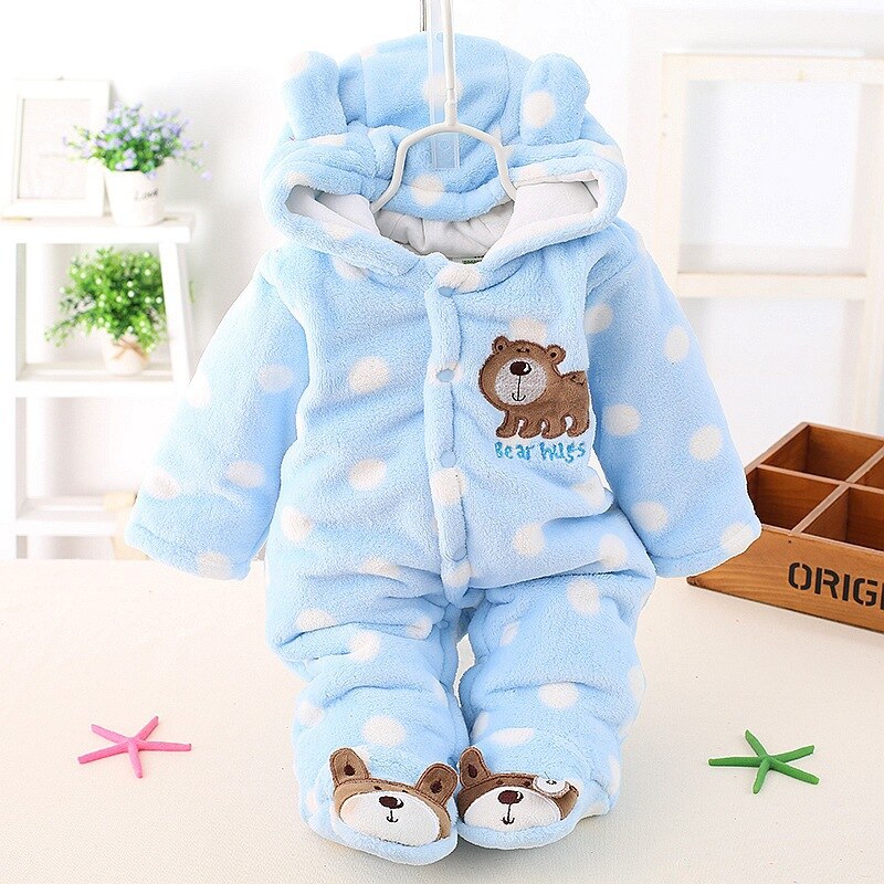 Baby Kleding Winter Coral Fleece Rompertjes Voor Baby Jongens En Meisjes Cartoon Beer Hooded Warm Baby Kleding Voor Jongens En meisjes: Blauw / 3M