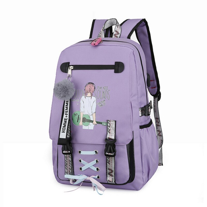 Pink Canvas Backpack Women School Bags for Teenage Girls Preppy Style Large Capacity USB Back Pack Rucksack Youth Bagpack: Purple music