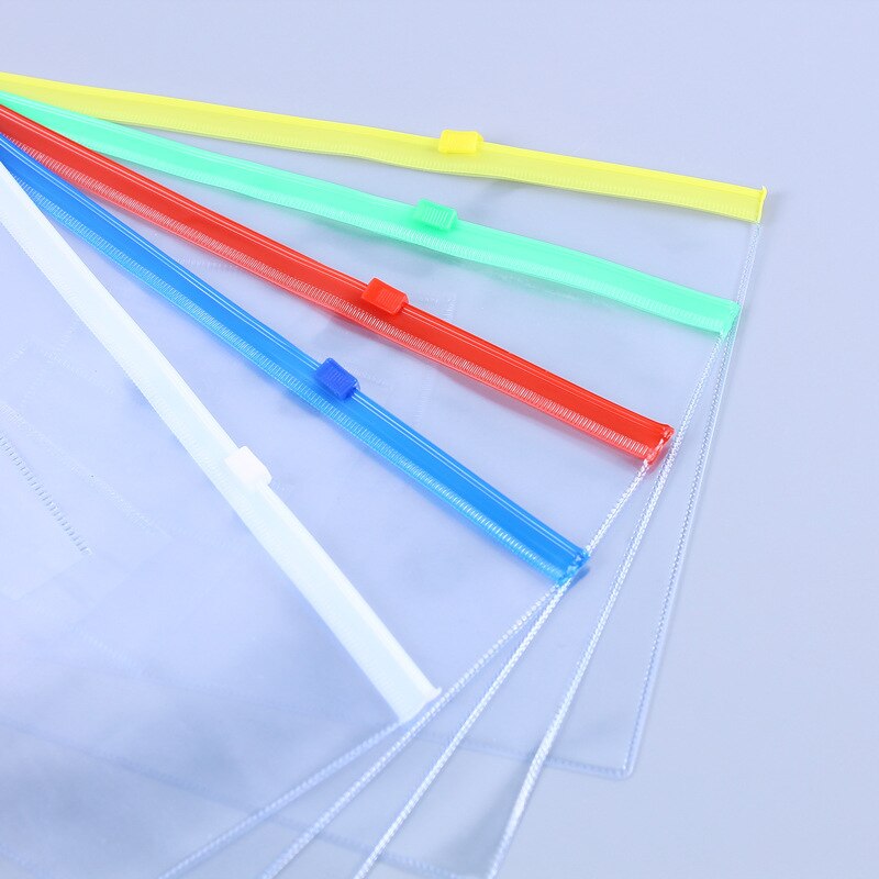 Sobres de plástico con cremallera para escuela y oficina, organizadores transparentes de polietileno, carpetas de archivos con cremallera, tamaño A4, 5 colores, 5 uds.