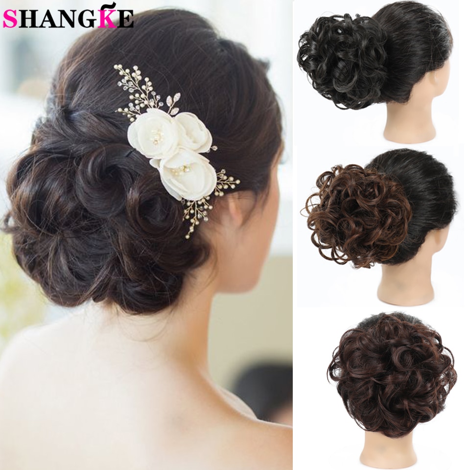 Shangke hår bolle klipp i hårforlengelse til plast kam krøllete hår chignon syntetisk hår rotete chignon til kvinner bryllup