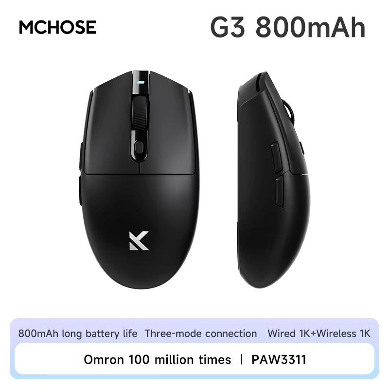 MCHOSE G3 Wireless Gaming Mouse, 12K DPI, PAW3311, Bluetooth Tri-Mode, Lightweight 64g, Long Lasting Life, Ergonomic: black