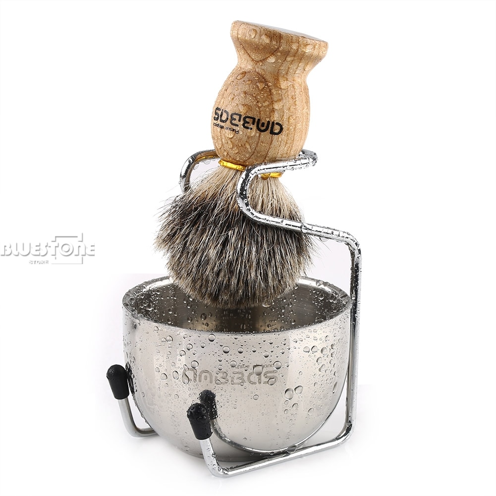 Anbbas Dassenhaar Scheerkwast + Rvs Shave Brush Stand en Kom