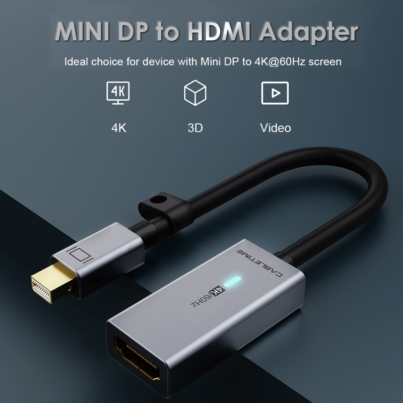 CABLETIME Adapter Mini DisplayPort na HDMI 4K 60HZ Mini DP na HDMI LED do MacBook Air 13 Surface Pro 4 Thunderbolt