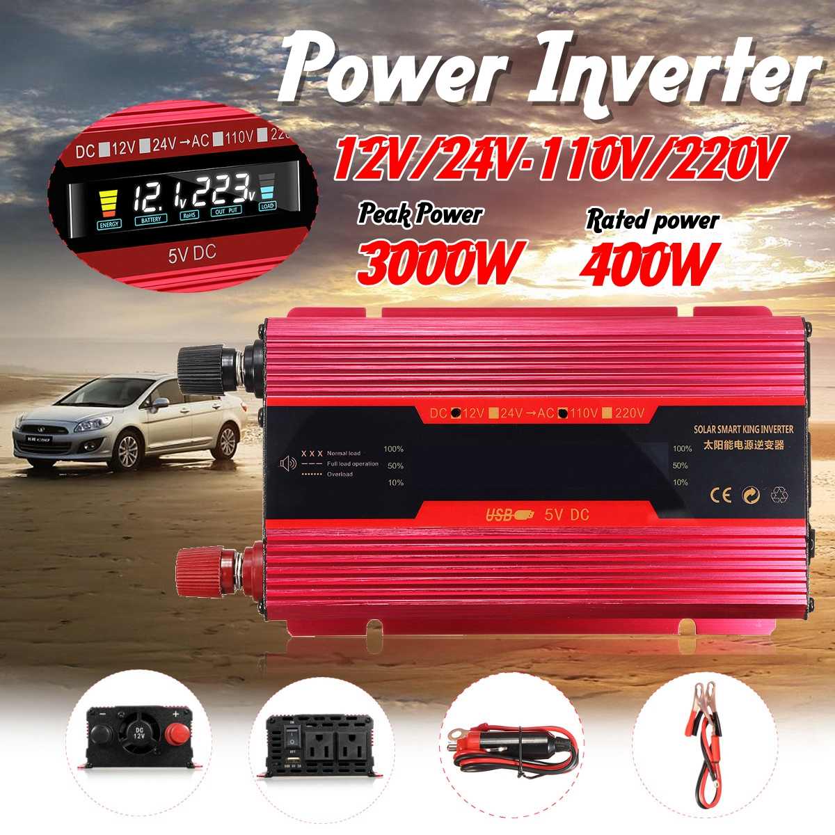 Kroak solar power inverter 3000w 12v/24v to 110v/220v lcd display aluminiumslegering til bil lastbil