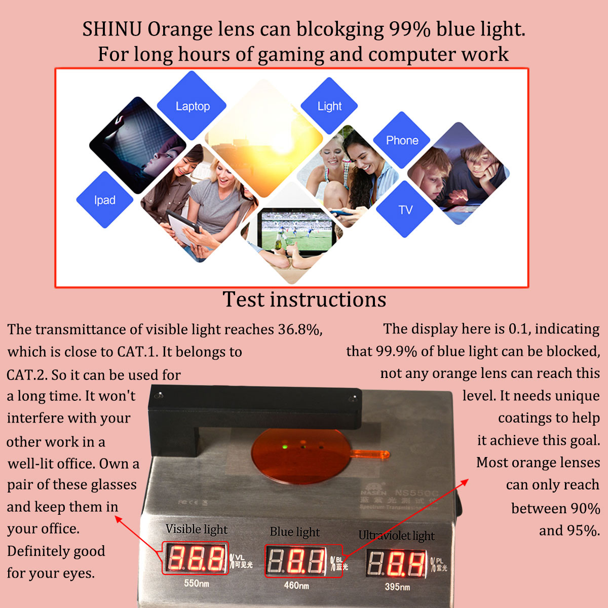 SHINU lunettes hommes femmes lunettes de lumière bleue lunettes de jeu sur ordinateur rouge/Orange/lentille transparente bloquant la lumière bleue lunettes sh001
