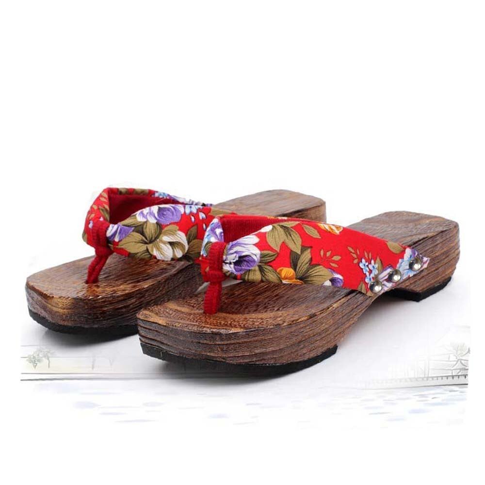 Bohemen houten slippers dames zomer strand casual schoenen japanse stijl klomp slippers plateau leien lage hak slides etnische