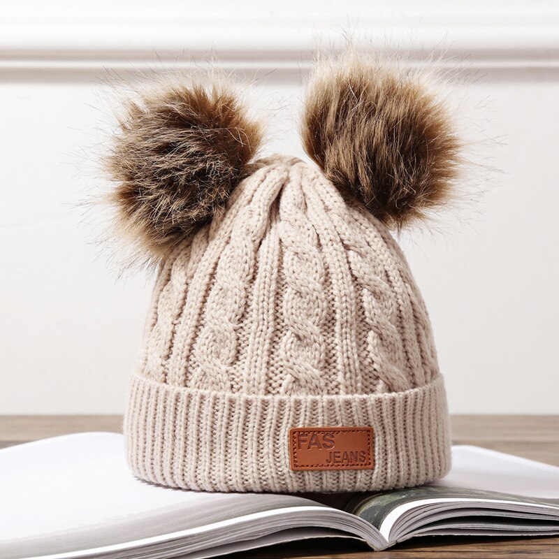 Winter Hat For Girls Baby Boys Pom Poms Hat Children Knitted Beanies Thick Baby Hat Infant Toddler Warm Cap: beige