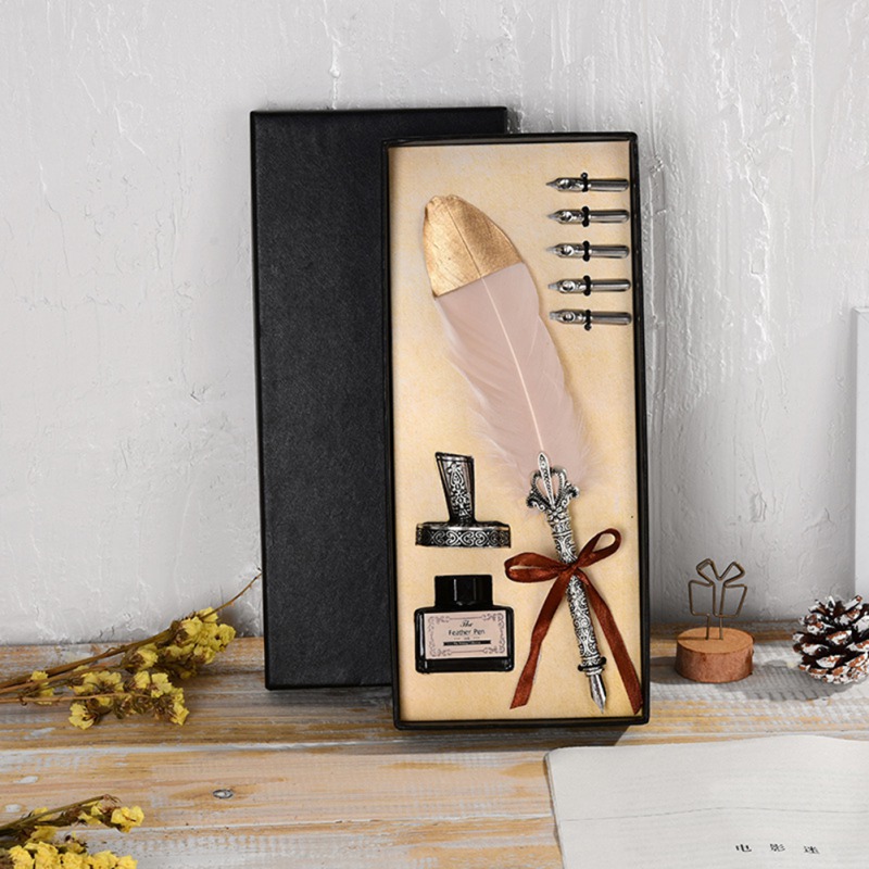 Vintage 1Set Kalligrafie Veer Dip met 5 Nib Quill Pen Schrijven Inkt Set Geschenkdoos Bruiloft Fontein pen: P