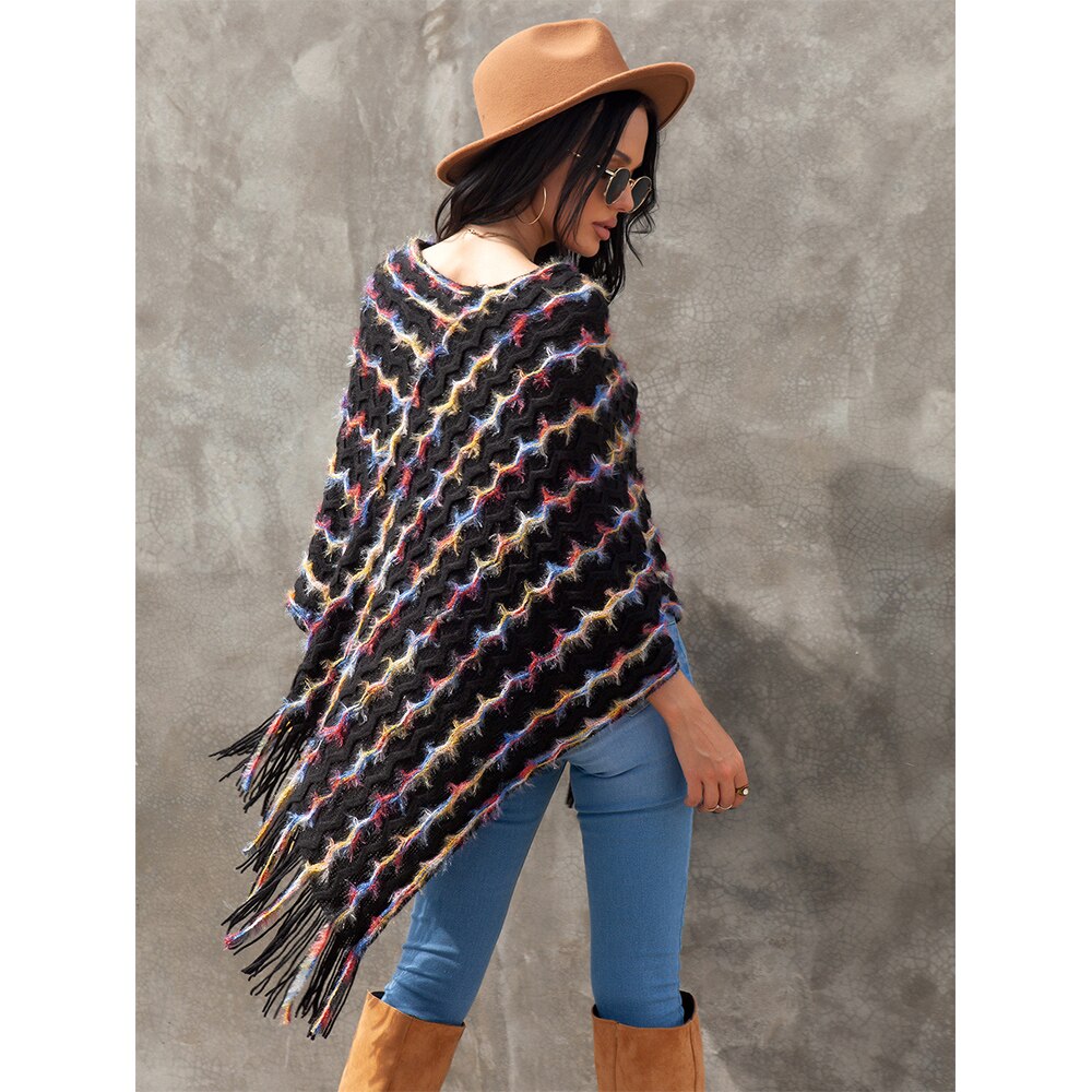 Women Colorful Striped Shawl Cloak Round Neck Wave Pattern Bat Sleeve Tassel Knitted Pullover Sweater for Streetwear