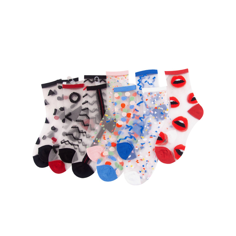 Spring Summer Ultra-thin Glass filament Socks Woman Printing Dots Korean Style Silk Socks Cute Stripe Transparent Socks